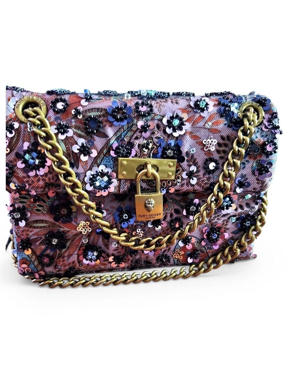 New Kurt Geiger The Brixton Pink Floral Sequin Chain Shoulder Bag NWOT Rare